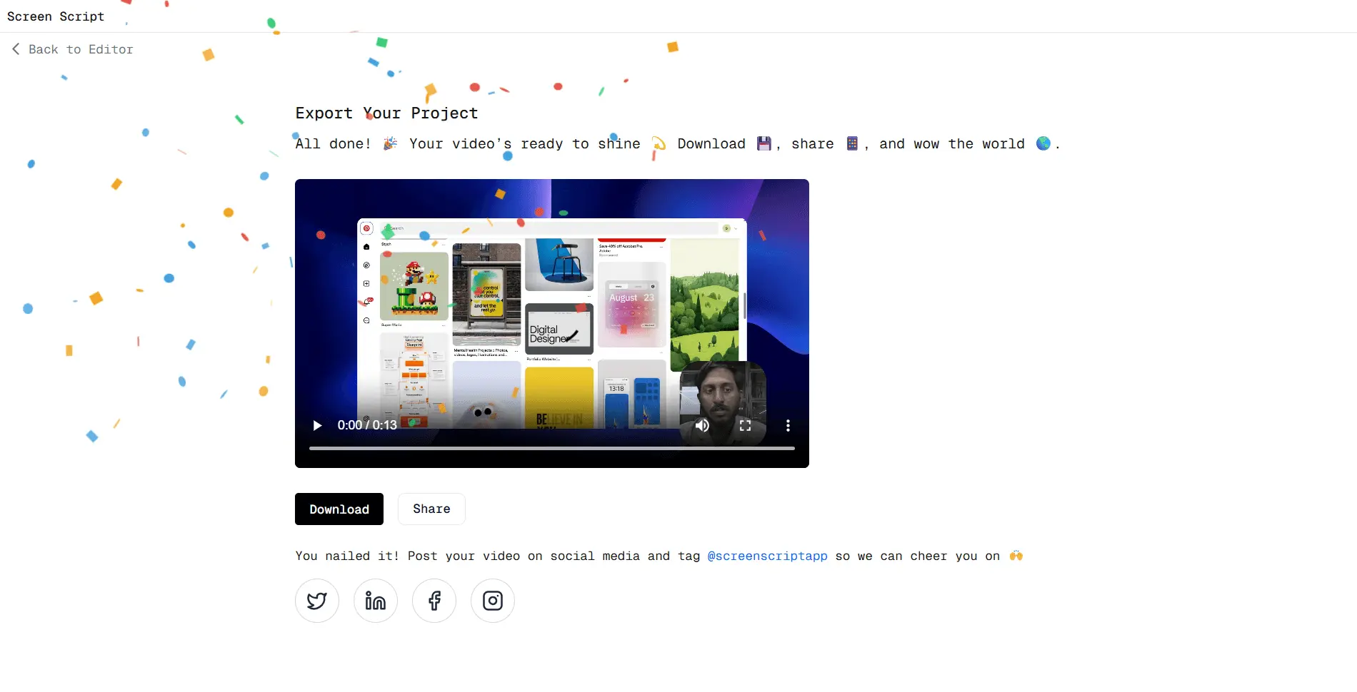 screenshot of exporter tab of screenscript.app