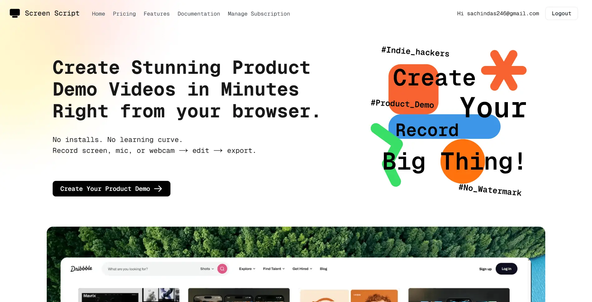 screenshot of homepage of screenscript.app