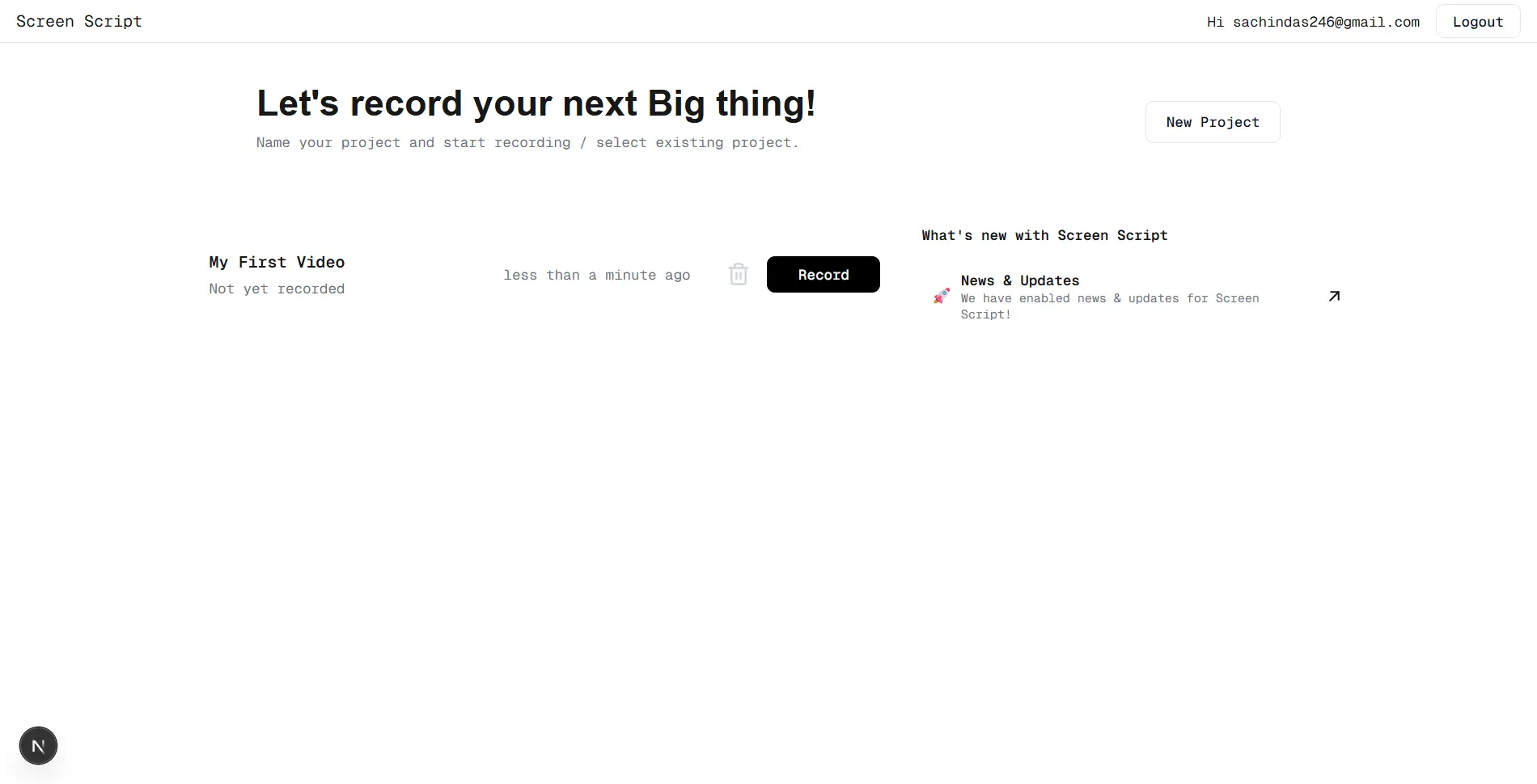 screenshot of launcher tab of screenscript.app