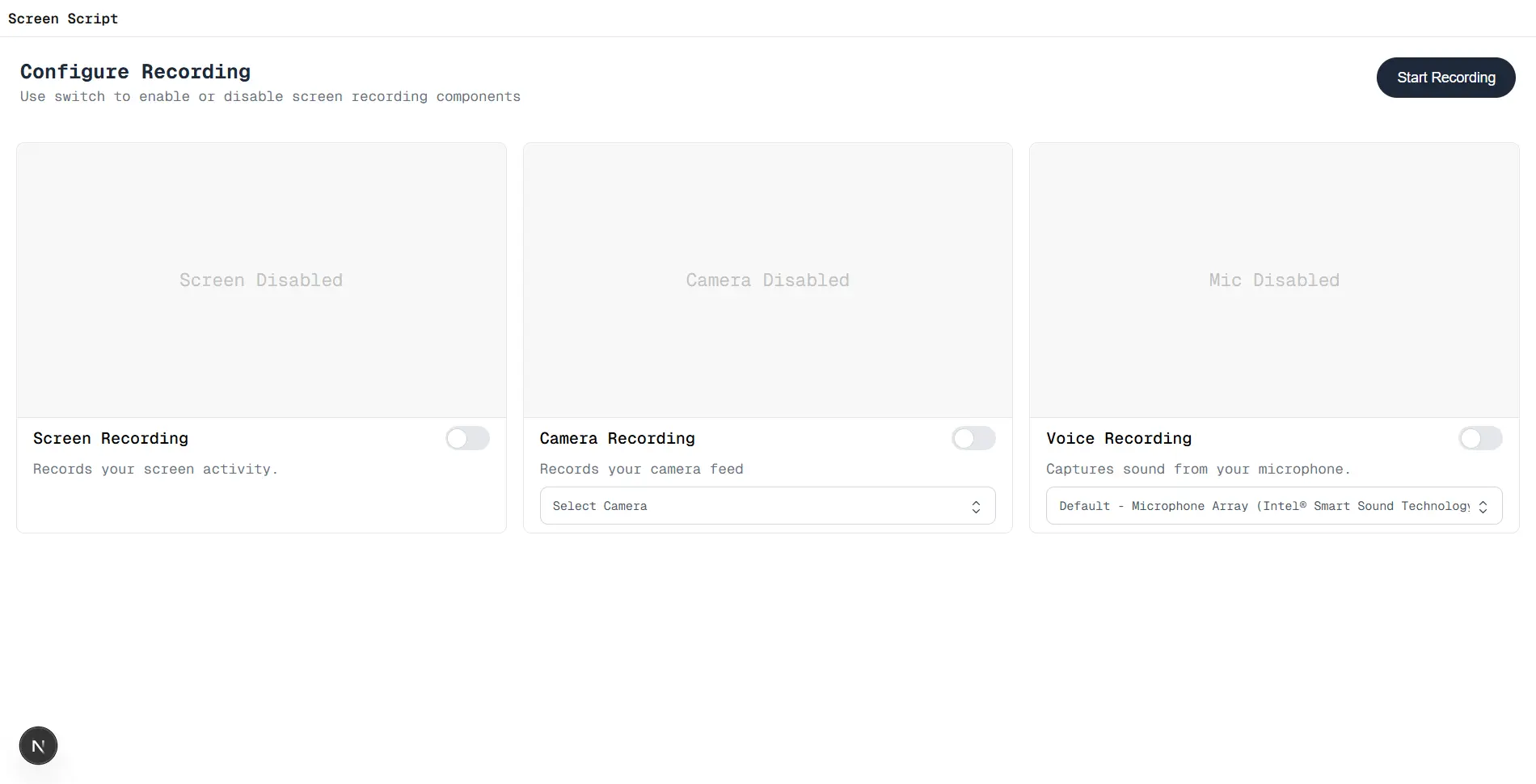 screenshot of recorder tab of screenscript.app