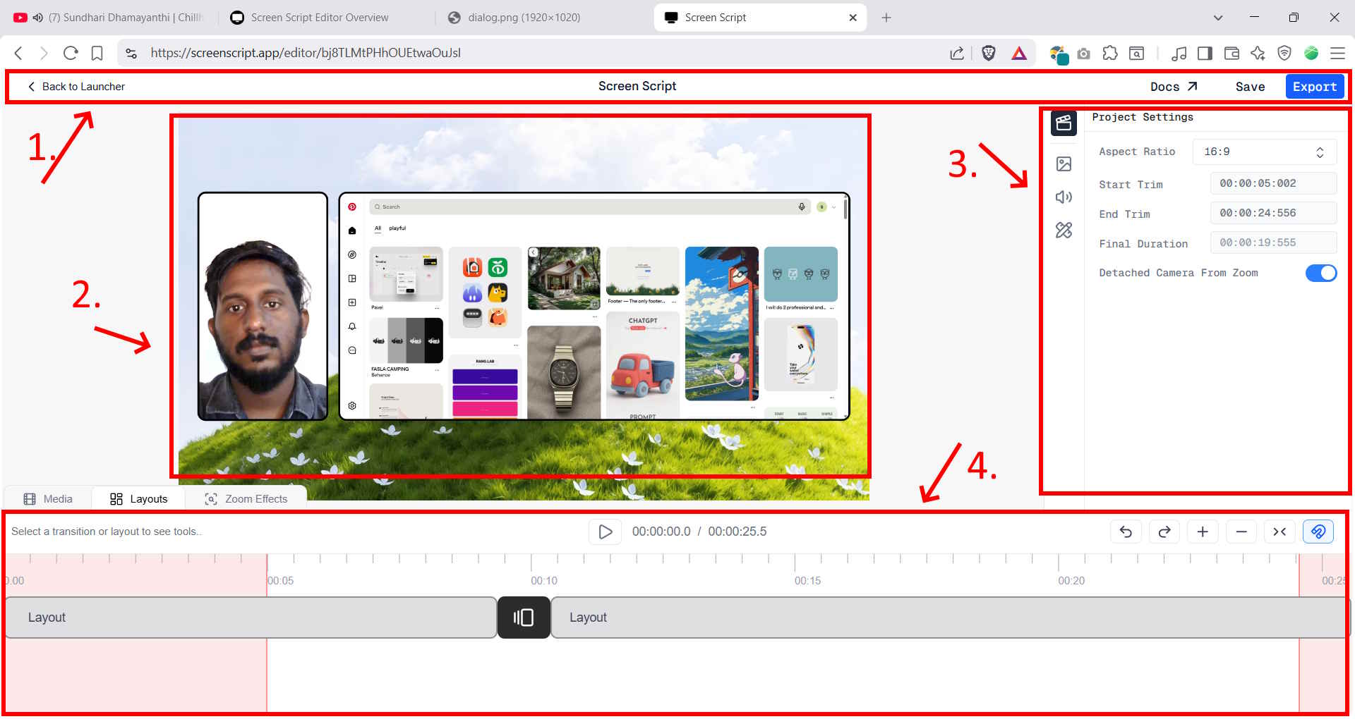 Screenshot of the Screen Script Editor showing the navbar, video preview, properties panel, and timeline
