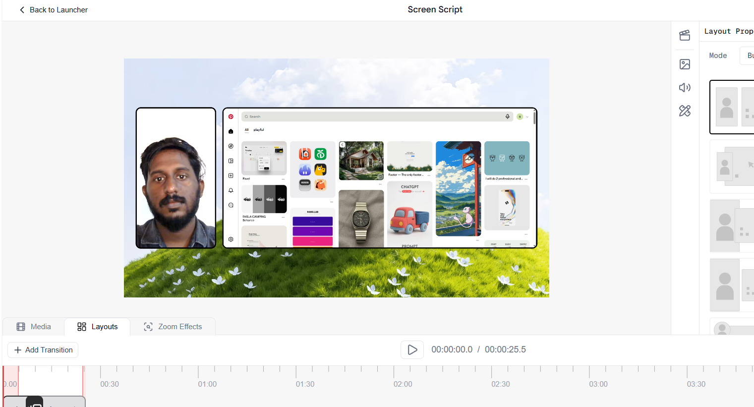 Screenshot of the Screen Script Editor showing the video preview area with playback controls