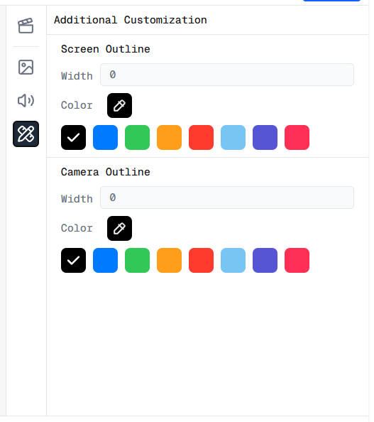 Screenshot of the Additional Customization panel in Screen Script showing Screen Outline and Camera Outline controls