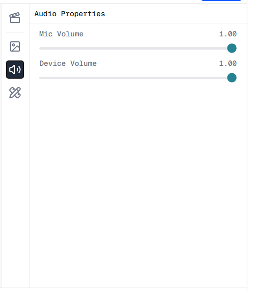 Screenshot of the Audio Properties panel in Screen Script showing Mic Volume and Device Volume sliders