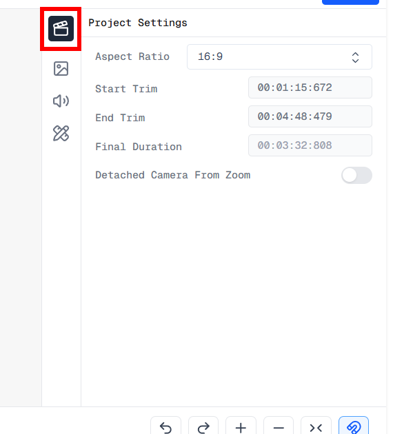 Screenshot of the Project Settings panel in Screen Script showing aspect ratio, trim fields, and the Detach Camera From Zoom toggle