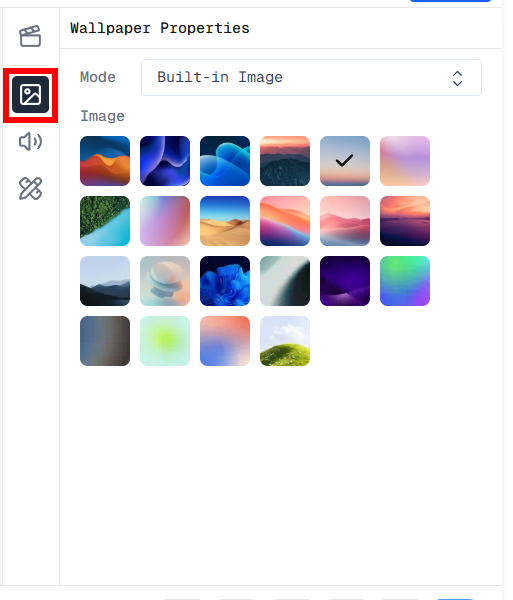 Screenshot of the Wallpaper Properties panel in Screen Script showing the Built-in Image mode with a grid of selectable images