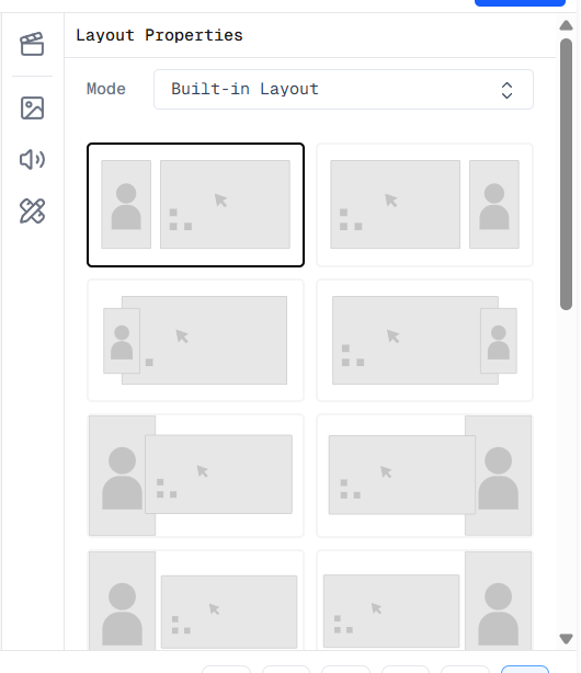 Screenshot of the Layout Properties panel in Built-in Layout mode showing a grid of predefined layout thumbnails