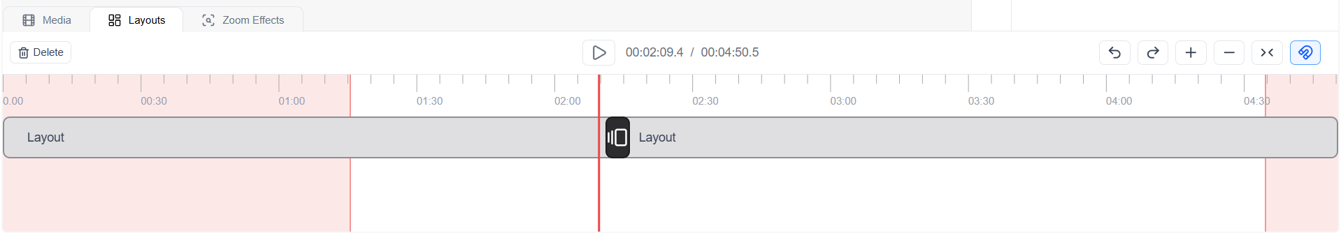 Screenshot of the Layout Timeline in Screen Script Editor showing two Layout segments with a transition marker between them
