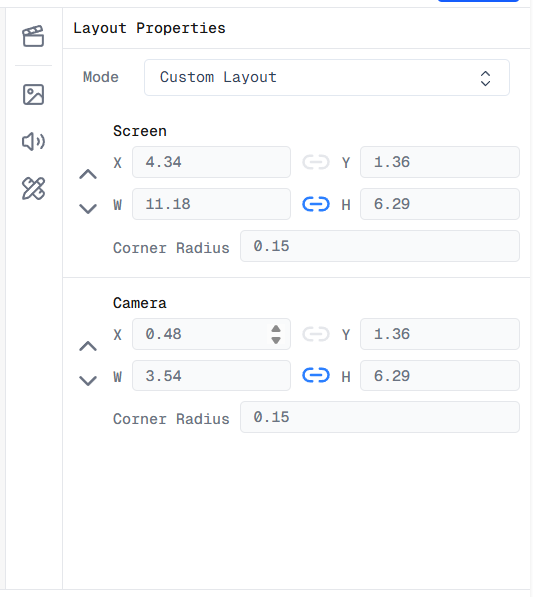 Screenshot of the Layout Properties panel in Custom Layout mode showing position, size, and corner radius fields for the Screen element