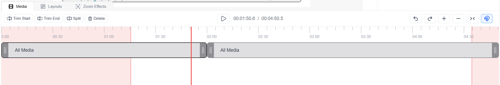 Screenshot of the Media Timeline in Screen Script Editor showing the All Media track, trim tools, split, and delete controls