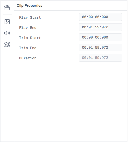 Screenshot of the Clip Properties panel showing Play Start, Play End, Trim Start, Trim End, and Duration fields