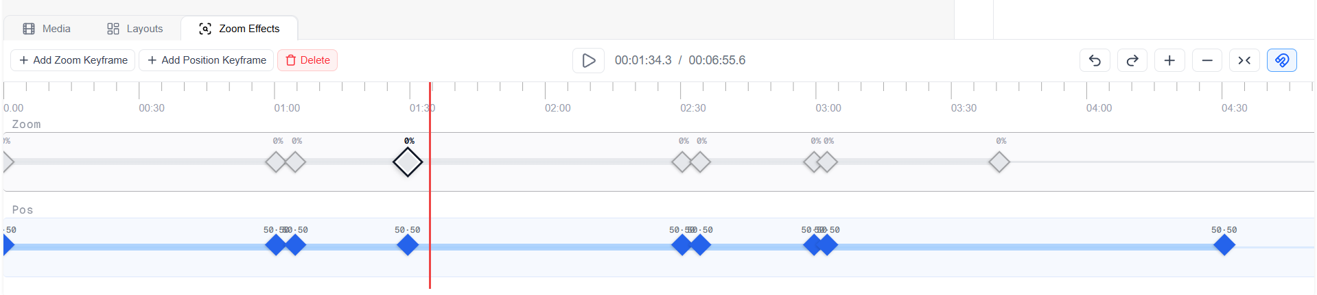 Screenshot of the Zoom Effects Timeline in Screen Script Editor showing the Zoom lane with diamond keyframes and the Position lane with blue keyframes
