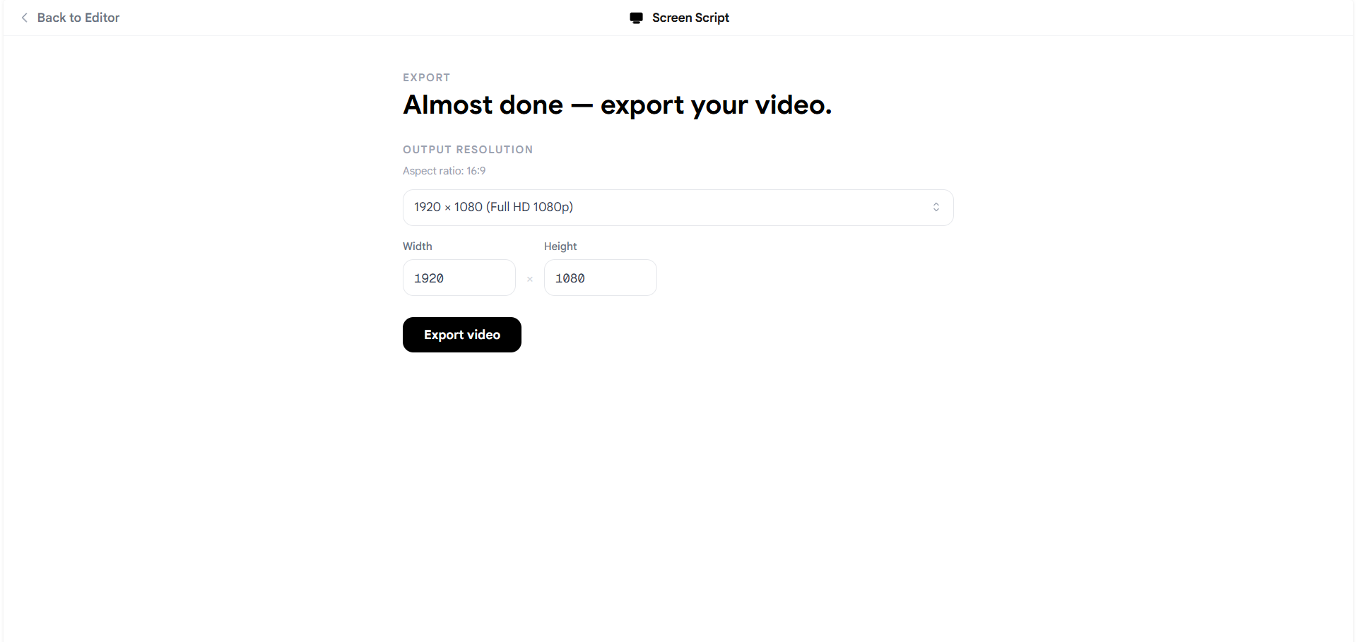 Screenshot of the Screen Script Exporter showing the output resolution dropdown set to 1920×1080 Full HD and the Export video button